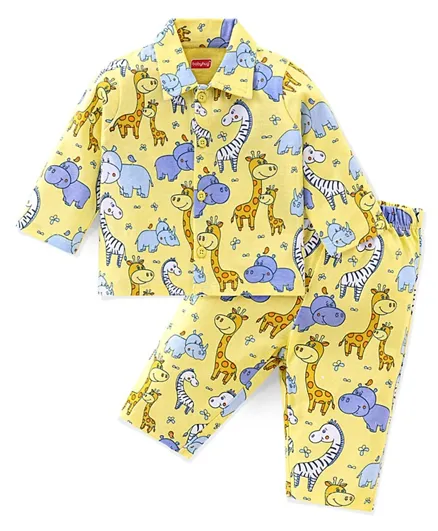 Babyhug Single Jersey Knit Full Sleeves Front Open Night Suit Jungle Animals Printed - Yellow