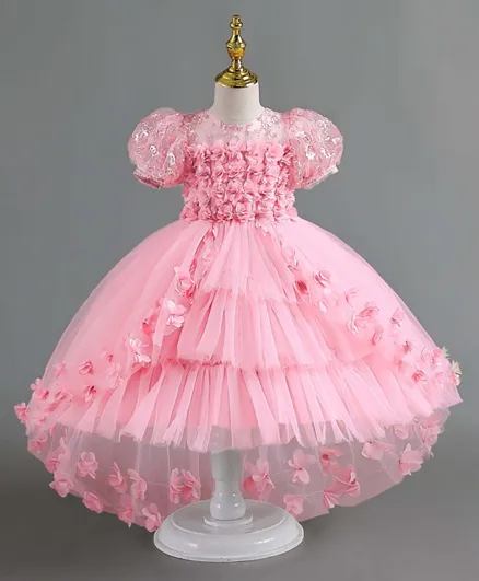 Kookie Kids Floral Soft Net Detail Dress - Pink