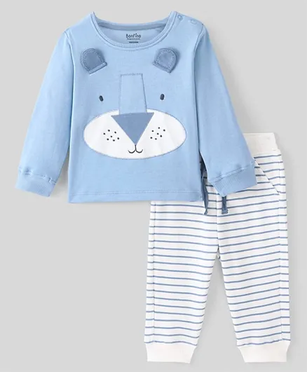 Bonfino 100% Cotton Knit Full Sleeves Night Suit with Bear Applique - Blue & White