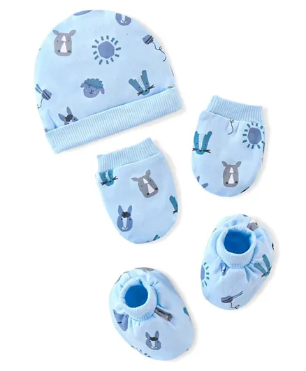 Bonfino  Cotton Knit Cap Mittens & Booties Set Rino Print  Blue- Diameter 11 cm