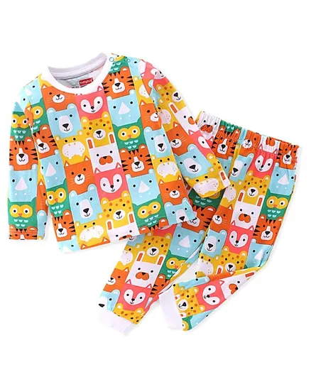 Babyhug Cotton Knit Full Sleeves Night Suit With Animals Print - Multicolour