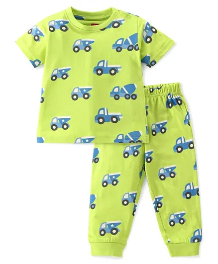 Babyhug Cotton Knit Half Sleeves Night Suit With Construction Vehicle Print - Green