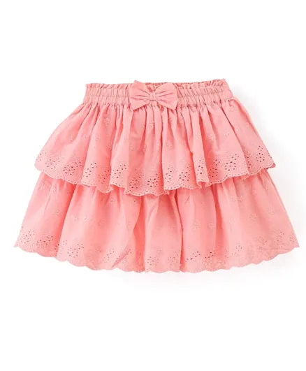 Babyhug Cotton Woven Knee Length Skirt with Lining Bow Applique & Lace Detailing - Peach