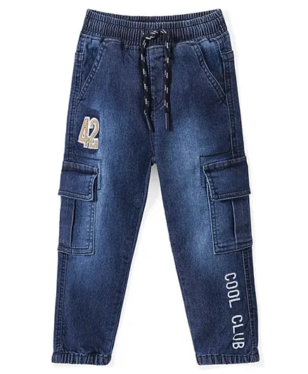 Babyhug Cotton Spandex Full Length Washed Stretchable Denim Joggers with Text Embroidered - Blue