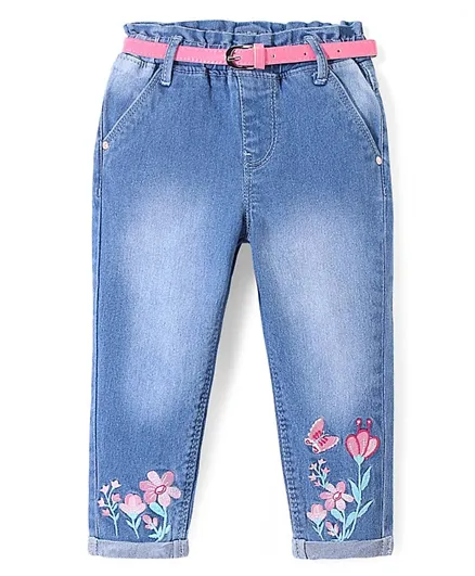 Babyhug Cotton Spandex Full Length Washed Stretchable Denim Jeans with Belt & Floral Embroidery - Blue