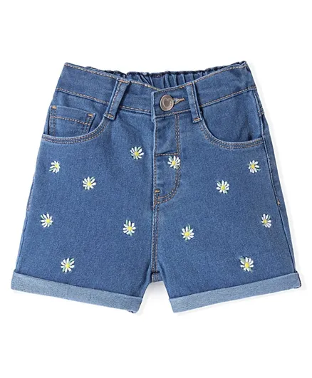 Babyhug Denim Washed Mid Thigh Length Stretchable Shorts with Floral Embroidery -Blue