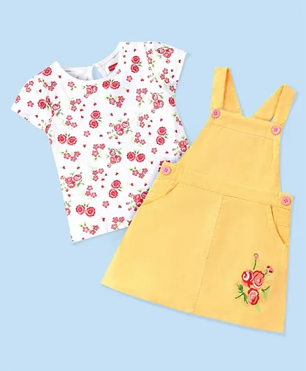 Babyhug Corduroy Frock With Knit Half Sleeves Inner Tee Floral Embroidery - White & Yellow