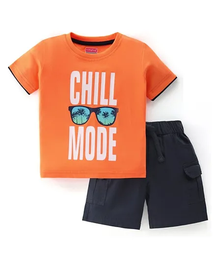 Babyhug 100% Cotton Single Jersey Knit Half Sleeves T-Shirt & Shorts Set Text Print - Orange & Navy Blue