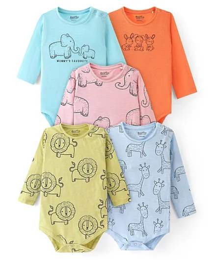 Bonfino 100% Cotton Knit Full Sleeves Onesies Lion & Elephant Print Pack of 5 - Multicolour