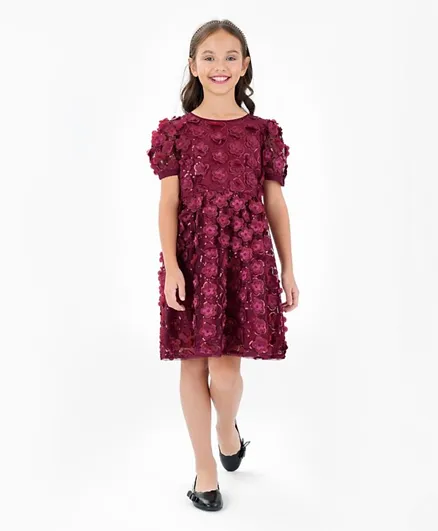 Primo Gino Woven Lace Fabric Half Sleeves Party Wear Dress With Floral Applique - Maroon