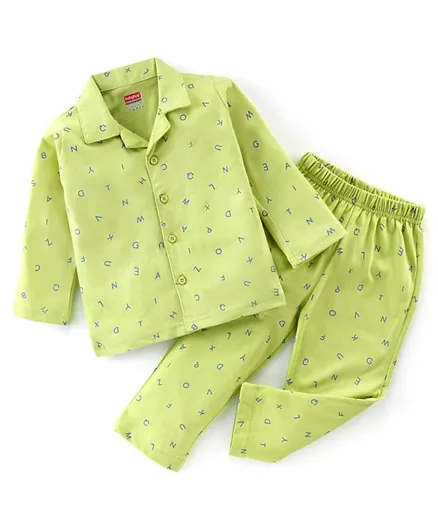 Babyhug Cotton Knit Full Sleeves Pyjama Set With Alphabets Print - Green