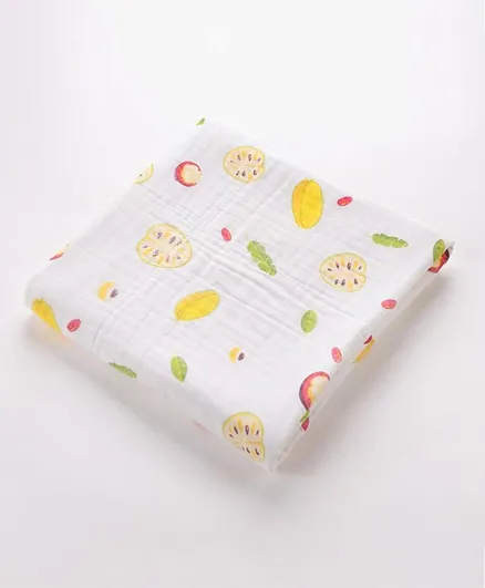 Soft Fruits Print Baby Blanket, Cotton Bamboo, Cozy Nursing Swaddle - 105x105cm White