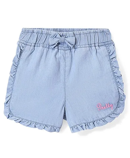 Babyhug 100% Cotton With Stretch Washed Denim Shorts With Text Embroidery - Blue