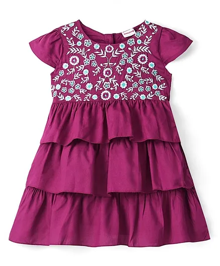 Babyhug Rayon Woven Half Sleeves Fluttered Frock with Floral Embroidered - Wine