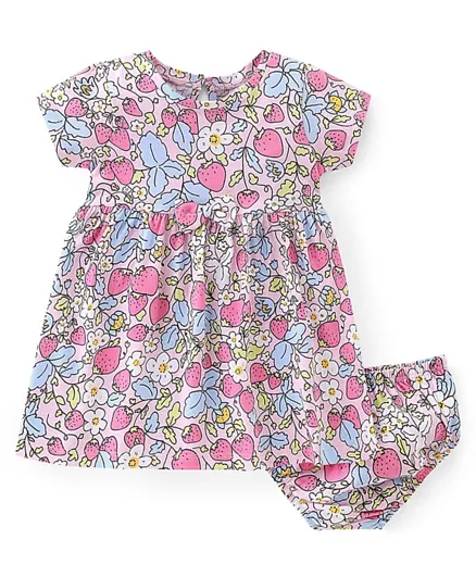 Babyhug Cotton Jersey Knit Half Sleeves Frock With Bloomer Floral  Print & Bow Applique - Pink