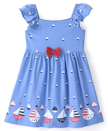 Babyhug 100% Cotton Jersey Ships Print With Bow Applique Frill Sleeves Frock - Blue
