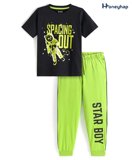 Honeyhap 100% Premium Single Jersey Cotton Knit Half Sleeves Bio Wash Night Suit Astronaut & Text Print - Black & Neon Green
