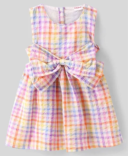 Babyhug Seer Sucker Woven Sleeveless Frock With Bow Detailing Checkered - Multicolour