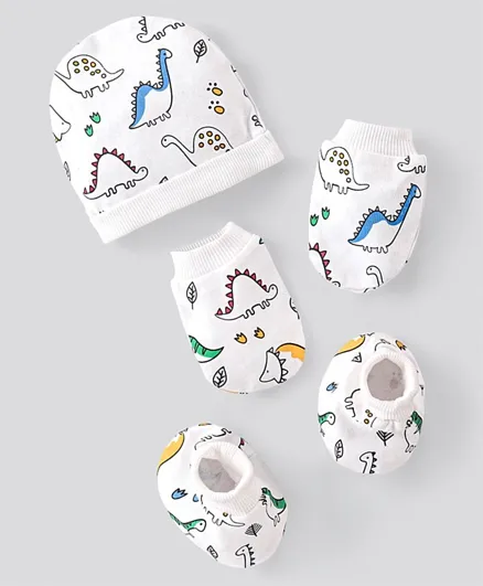 Bonfino Cotton Knit  Cap Mittens & Booties Set Dino Print White - Diameter 12 cm