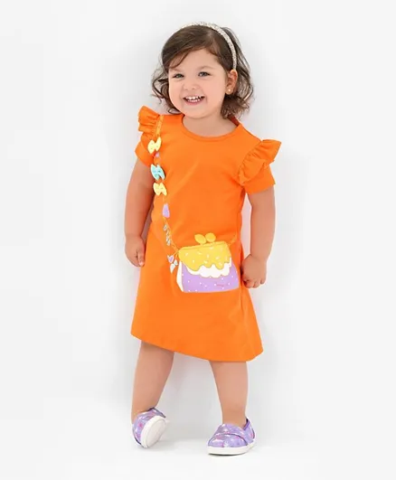 Bonfino 100% Cotton Knit Short Sleeves Bag Printed Frock with Bow Applique - Orange