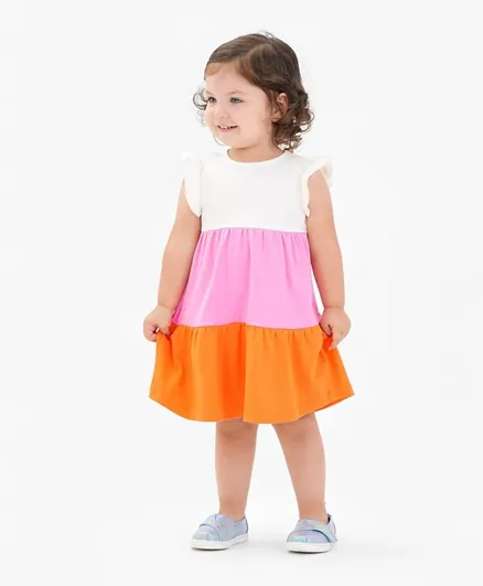 بونفينو فستان بدون أكمام قطن 100% بتصميم مقصوص ومخيط لون سادة مع بلومر - وردي وأبيض وبرتقالي