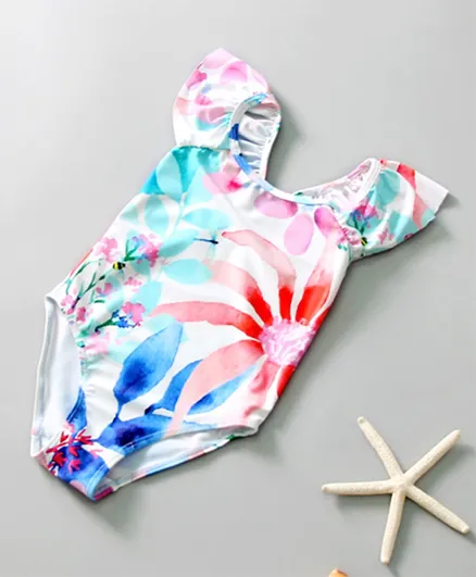 سابس - بدلة سباحة بطبعة زهور سريعة الجفاف على شكل حرف V - أبيض/وردي/أزرق