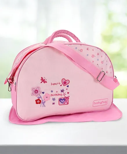 Babyhug Diaper Bag With Changing Mat Heart and Floral Print - Pink