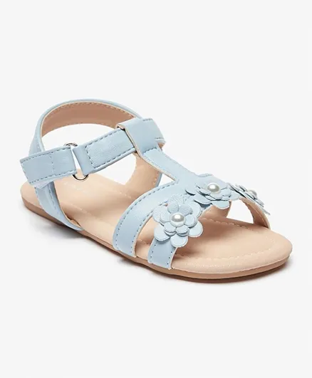 Flora Bella By Shoexpress - Pearl Studded Floral Applique Strap Sandals With Hook And Loop Closure - Blue