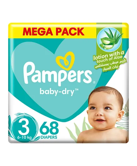Pampers Baby Dry Taped Diapers with Aloe Vera Lotion Mega Pack Size 3 - 68 Pieces