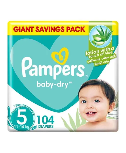 Pampers Baby Dry Taped Diapers with Aloe Vera Lotion Giant Saving Pack Size 5 - 104 Pieces