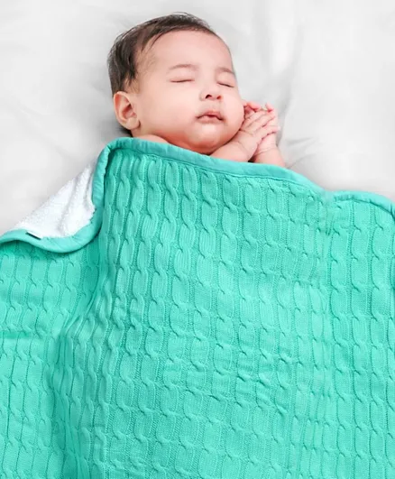 Babyhug Premium Cotton Knitted and Fur Solid Blanket - Green