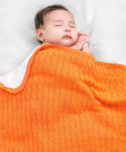 Babyhug Premium Cotton Knitted and Fur Blanket - Saffron