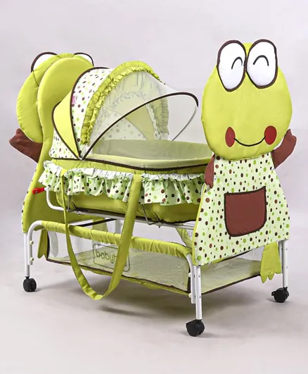 Babyhug Froggy Print Cradle With Mosquito Net and Swing Lock Function - Green