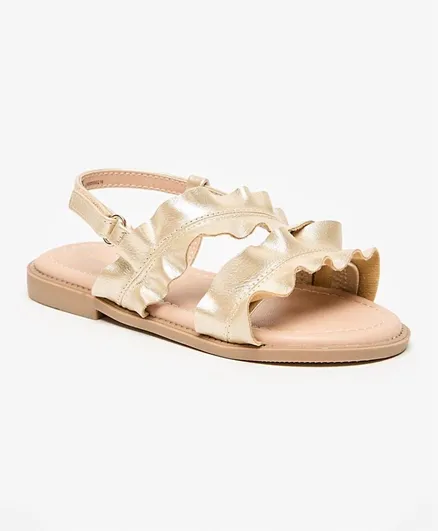 Juniors - Frill Detail Flat Sandals with Hook and Loop Closure - Gold