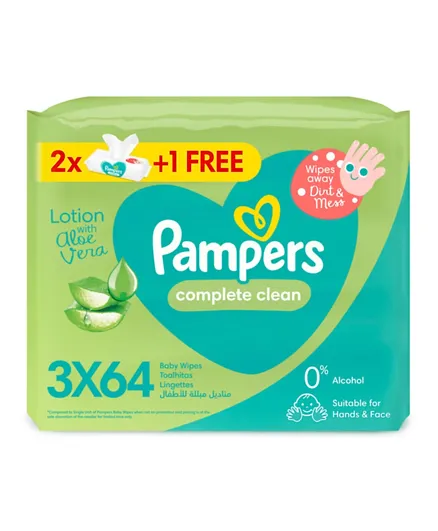 Pampers Complete Clean Baby Wipes with Aloe Vera Lotion Pack of 3 - 192 Pieces