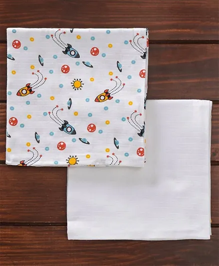 Babyhug 3 in 1 Premium Baby Muslin Swaddle Wrapper Blanket Rocket Print Pack of 2  - Multicolour