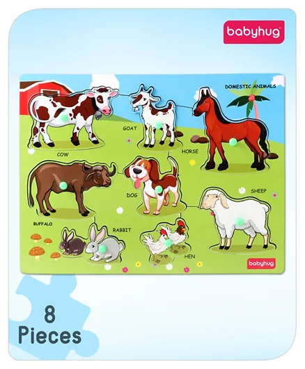 Babyhug Montessori Wooden Domestic Animals Puzzle Multicolour - 8 Pieces