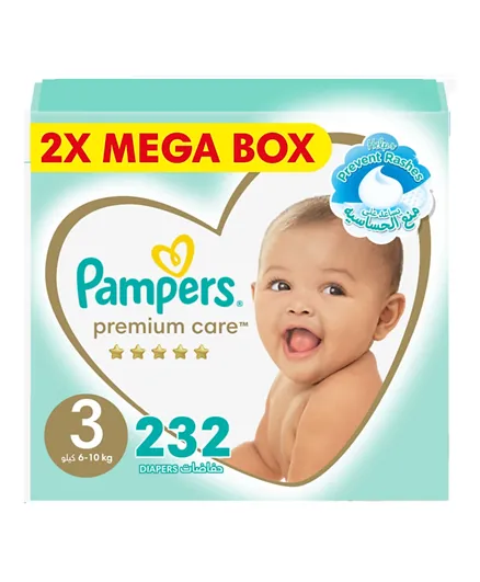 Pampers Premium Care Taped Baby Diapers Mega Box Size 3 -  232 Pieces