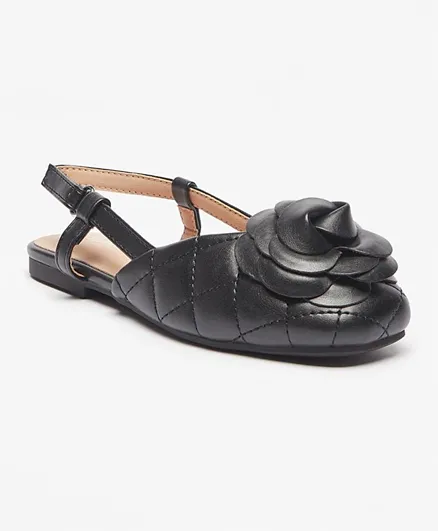 Little Missy - Floral Detail Slingback Ballerina Shoes - Black