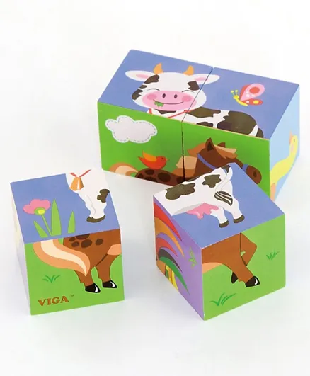 Viga Wooden 6 Side Farm Animals Cube Puzzle - 4 Pieces