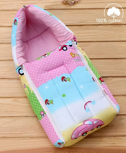 Babyhug 100% Cotton Sleeping Bag Cars Print - Pink