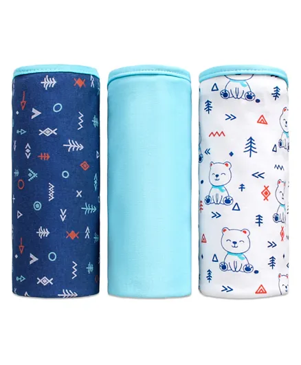 Babyhug 100% Cotton Interlock Wrappers Pack of 3 Teddy Print - Blue and White