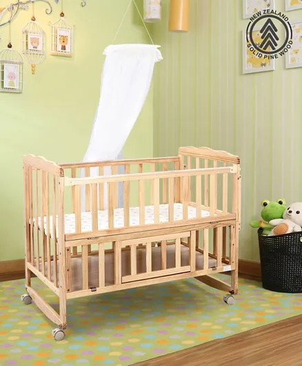 Babyhug Montana Wooden Cot And Rocker with Mosquito Net - Natural