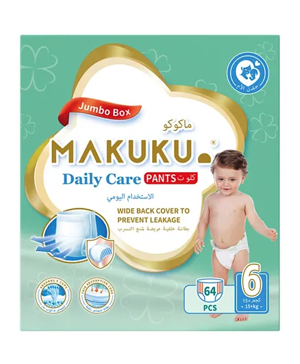 MAKUKU Wide Back Coverage Daily Care Pant Diapers Jumbo Pack Size 6 - 64 Diapers