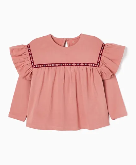 Zippy Floral Embroidered Round Neck Top - Pink