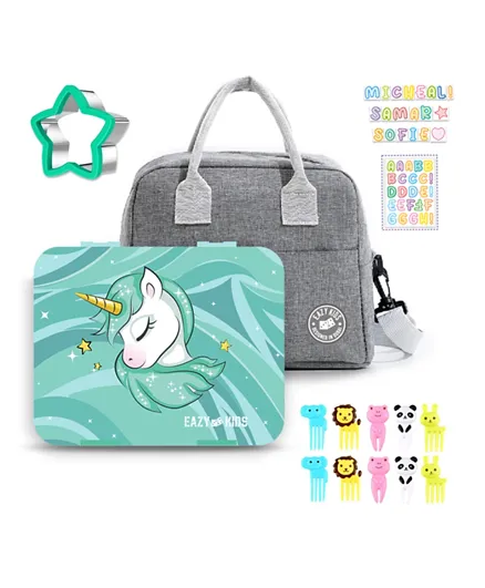 Eazy Kids - Unicorn Green 6/4 Compartment Bento Lunch Box w/ Lunch Bag - Grey