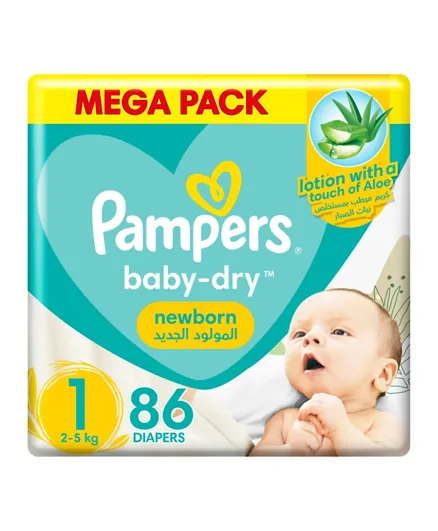 Pampers Baby-Dry Newborn Taped Diapers with Aloe Vera Lotion Mega Pack Newborn Size 1 - 86 Diapers