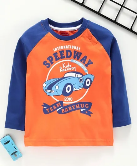 Babyhug Raglan Sleeves Tee Car Print - Orange Blue