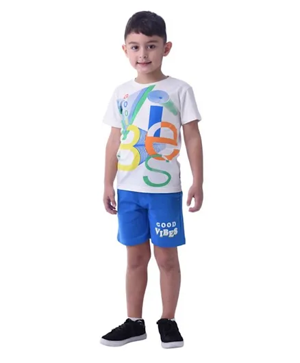 Victor and Jane Boys 2-Piece Set With Short Sleeve T-Shirt & Shorts - Off-White & Blue