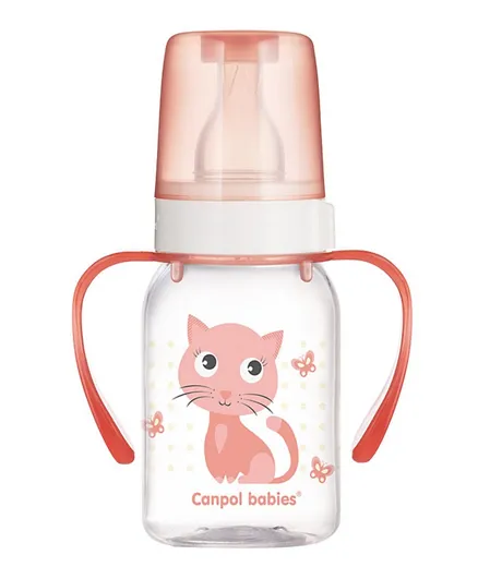 Canpol Babies Narrow Neck Bottle with Handle 120 ml - Cute Pink Animals